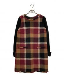 BLUE LABEL CRESTBRIDGE（ブルーレーベルクレストブリッジ）の古着「切替リブスリーブチェックウールワンピース」｜レッド