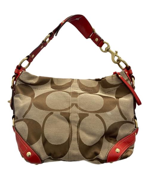 COACH（コーチ）COACH (コーチ) シグネチャーワンショルダーバッグ ブラウン×レッドの古着・服飾アイテム