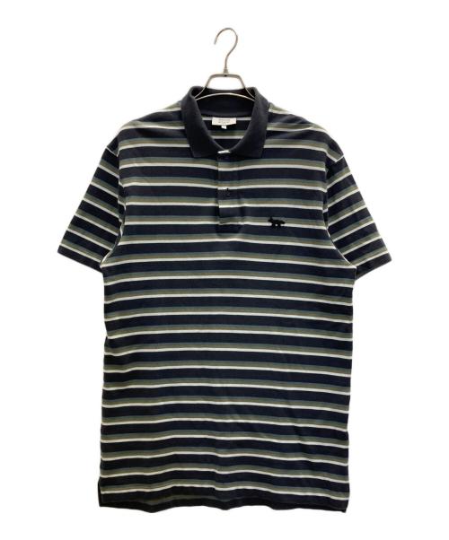 maison kitsune（メゾンキツネ）MAISON KITSUNE (メゾンキツネ) Profile Foxパッチ ストライプ ポロシャツ グリーン サイズ:Lの古着・服飾アイテム
