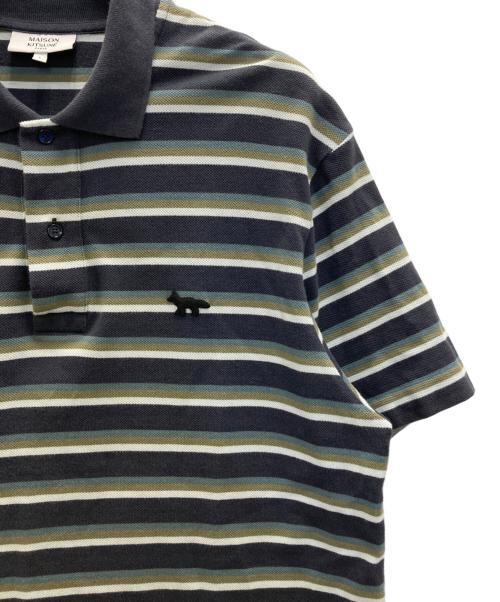 maison kitsune（メゾンキツネ）MAISON KITSUNE (メゾンキツネ) Profile Foxパッチ ストライプ ポロシャツ グリーン サイズ:Lの古着・服飾アイテム