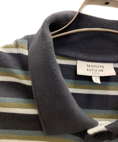 maison kitsune（メゾンキツネ）MAISON KITSUNE (メゾンキツネ) Profile Foxパッチ ストライプ ポロシャツ グリーン サイズ:Lの古着・服飾アイテム