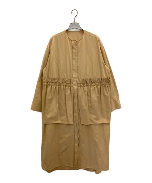 DRAWER（ドゥロワー）Drawer (ドゥロワー) ノーカラー ギャザードレス ベージュ サイズ:38の古着・服飾アイテム