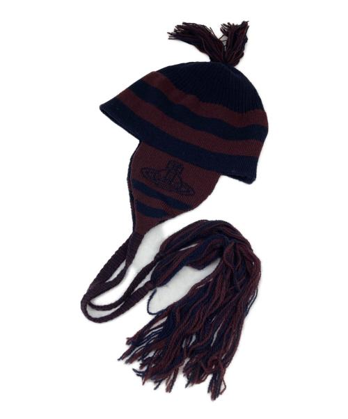 Vivienne Westwood（ヴィヴィアンウエストウッド）Vivienne Westwood (ヴィヴィアンウエストウッド) オーブフラップ付ボーダーワッチキャップ ネイビー×ブラウンの古着・服飾アイテム