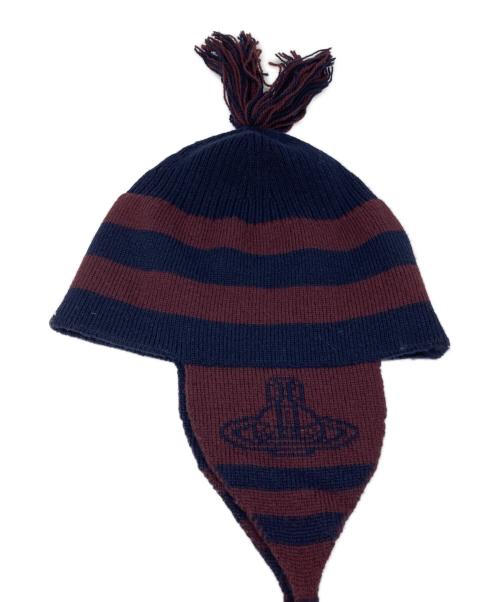 Vivienne Westwood（ヴィヴィアンウエストウッド）Vivienne Westwood (ヴィヴィアンウエストウッド) オーブフラップ付ボーダーワッチキャップ ネイビー×ブラウンの古着・服飾アイテム