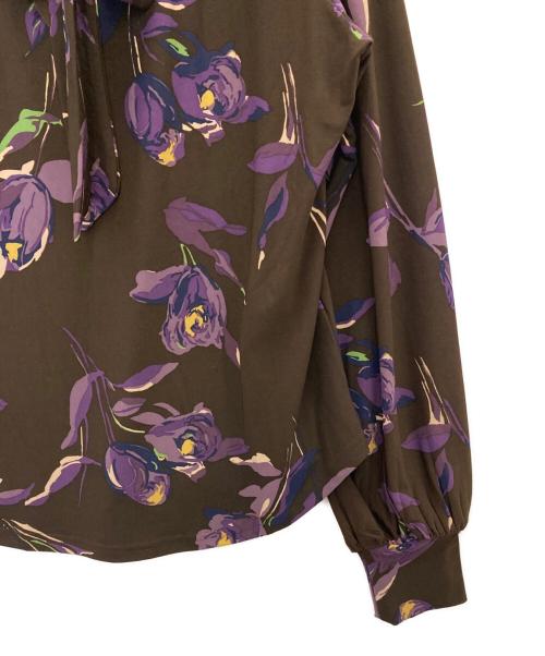 LAUREN RALPH LAUREN（ローレンラルフローレン）LAUREN RALPH LAUREN (ローレンラルフローレン) Floral Stretch Jersey Tie-Neck Top ブラウン サイズ:Mの古着・服飾アイテム