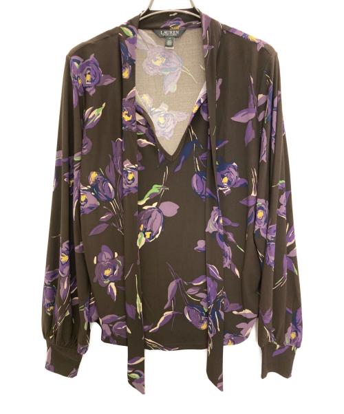 LAUREN RALPH LAUREN（ローレンラルフローレン）LAUREN RALPH LAUREN (ローレンラルフローレン) Floral Stretch Jersey Tie-Neck Top ブラウン サイズ:Mの古着・服飾アイテム