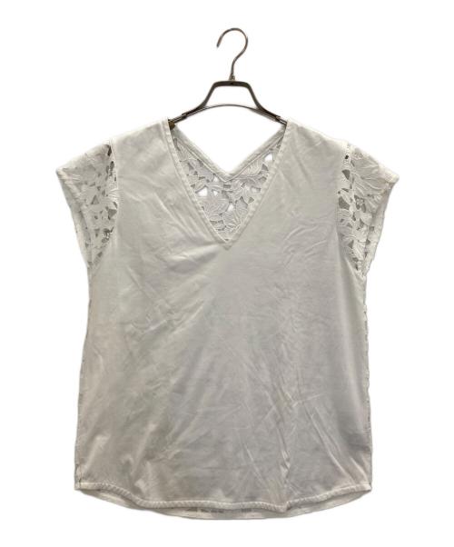 theory（セオリー）theory (セオリー) EMBROIDERED TEE/レース コンビ Vネック カットソー ホワイト サイズ:Sの古着・服飾アイテム