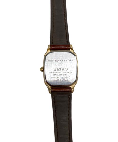 SEIKO（セイコー）SEIKO (セイコー) UNITED ARROWS (ユナイテッドアローズ) 別注スクエア レザー クォーツ腕時計 ゴールド×ブラウンの古着・服飾アイテム