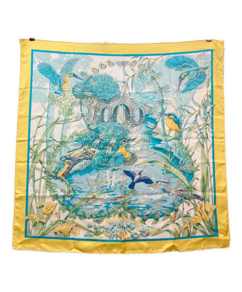 HERMES（エルメス）HERMES (エルメス) カレ90　Au bord de l’eau 翡翠鳥 AT THE WATER'S EDGE @ ブルー×イエローの古着・服飾アイテム