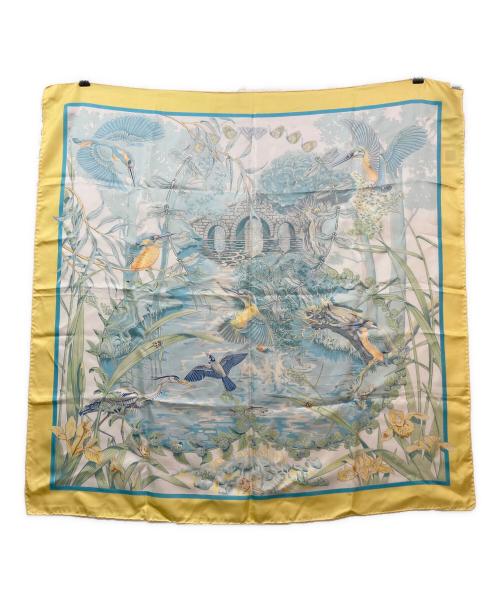 HERMES（エルメス）HERMES (エルメス) カレ90　Au bord de l’eau 翡翠鳥 AT THE WATER'S EDGE @ ブルー×イエローの古着・服飾アイテム