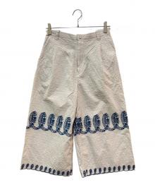 mina perhonen（ミナ ペルホネン）の古着「ボーダーｘフラワー刺繍 ワイドパンツ」｜ホワイト