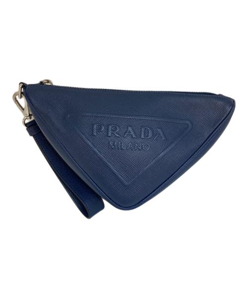 PRADA（プラダ）PRADA (プラダ) エンボス トライアングルロゴサフィアーノレザークラッチバッグ　2NE054 ブルーの古着・服飾アイテム