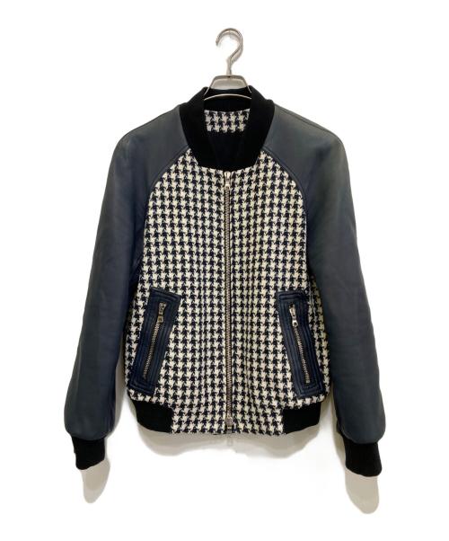 BALMAIN（バルマン）BALMAIN (バルマン) ラムレザー千鳥格子切替ブルゾン ネイビー サイズ:44の古着・服飾アイテム