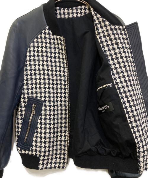 BALMAIN（バルマン）BALMAIN (バルマン) ラムレザー千鳥格子切替ブルゾン ネイビー サイズ:44の古着・服飾アイテム