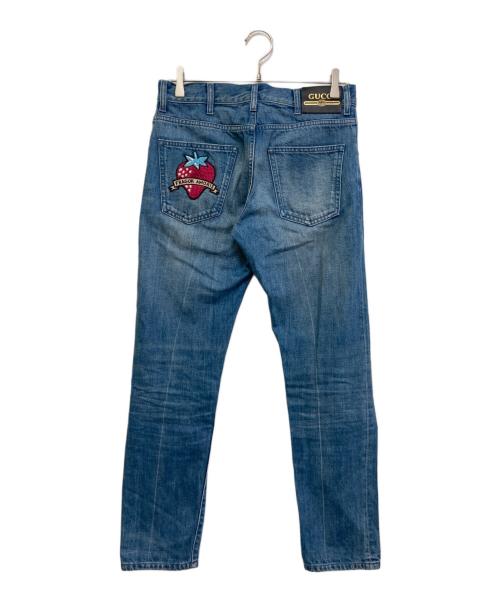 GUCCI（グッチ）GUCCI (グッチ) ストロベリー刺繍ボタンフライデニムパンツ 557960 XDAH0 インディゴ サイズ:22の古着・服飾アイテム