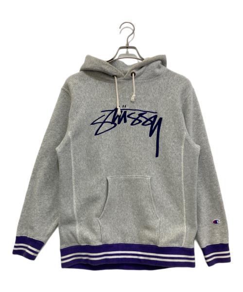 Champion（チャンピオン）Champion (チャンピオン) stussy (ステューシー) REVERSE WEAVE 刺繍 パーカー　C8-G121 グレー×パープル サイズ:MEDIUMの古着・服飾アイテム