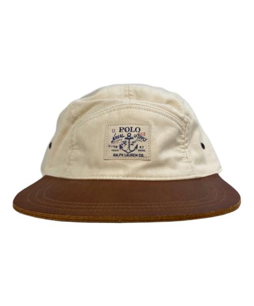 POLO RALPH LAUREN（ポロ・ラルフローレン）POLO RALPH LAUREN (ポロ・ラルフローレン) レザービル ヘリンボーン キャップ アイボリー×ブラウンの古着・服飾アイテム