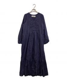sara mallika（サラマリカ）の古着「Cotton Stripe Jacquard Shirring Dress 020451SK1」｜ネイビー