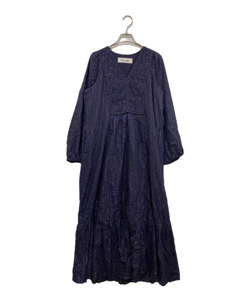 sara mallika（サラマリカ）sara mallika (サラマリカ) Cotton Stripe Jacquard Shirring Dress 020451SK1 ネイビー サイズ:Mの古着・服飾アイテム
