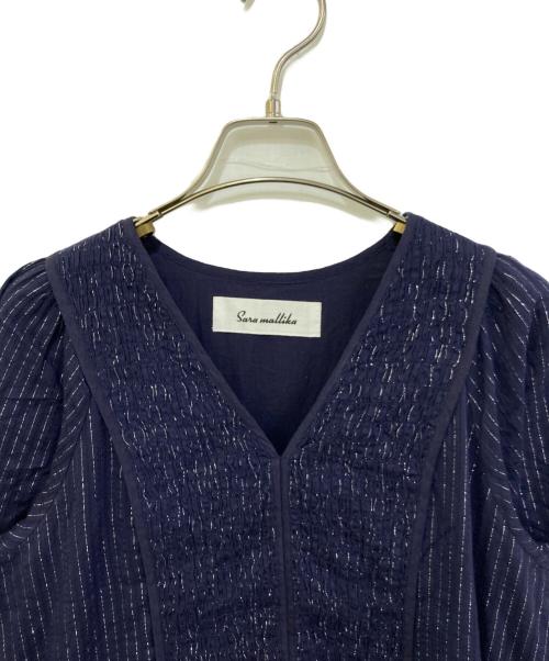 sara mallika（サラマリカ）sara mallika (サラマリカ) Cotton Stripe Jacquard Shirring Dress 020451SK1 ネイビー サイズ:Mの古着・服飾アイテム