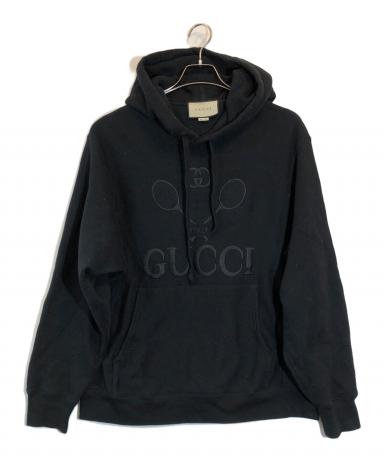 希少✨GUCCI パーカー　金ボタン　テニス刺繍ロゴ　インターロッキング　シルク 中古・古着通販】GUCCI (グッチ) テニス刺繍ロゴフーディー ブラック