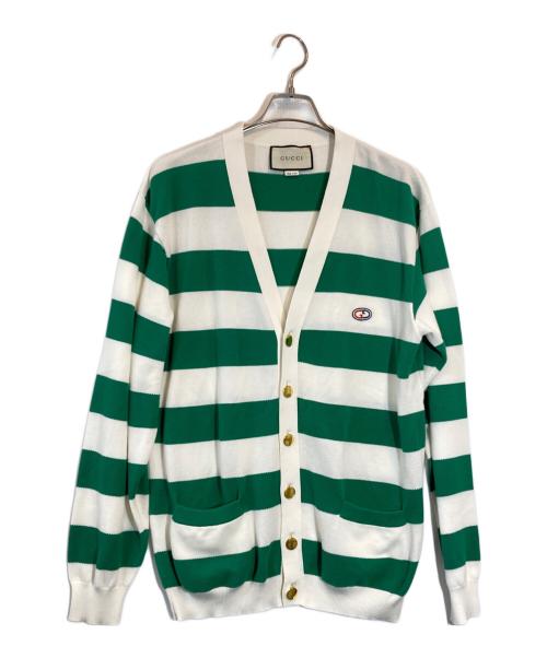GUCCI（グッチ）GUCCI (グッチ) Striped cotton V-neck cardigan グリーン サイズ:Lの古着・服飾アイテム