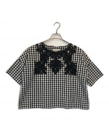 BEARDSLEY（ビアズリー）の古着「コットンリネンチェック刺繍ブラウス」｜ブラック