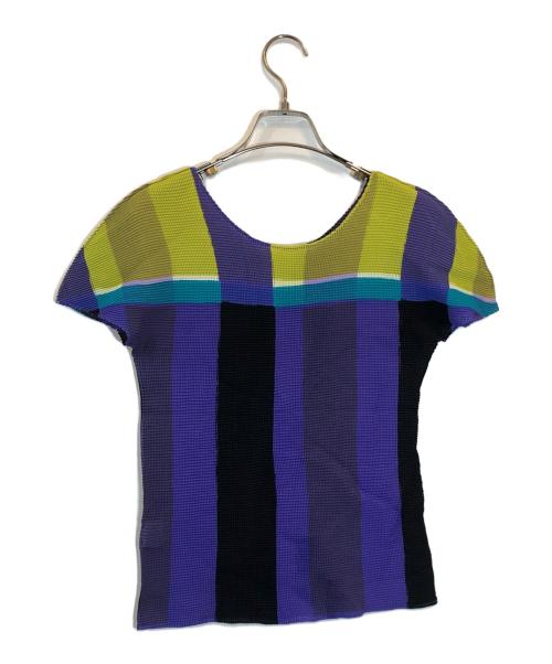 me ISSEY MIYAKE（ミーイッセイ ミヤケ）me ISSEY MIYAKE (ミーイッセイ ミヤケ) プリーツカットソー パープル×イエロー サイズ:不明の古着・服飾アイテム