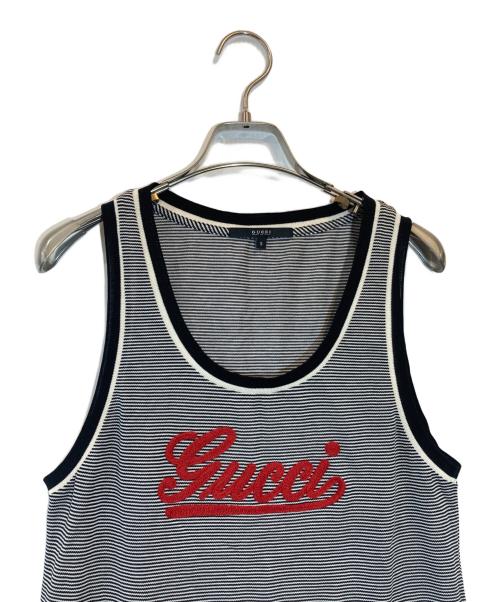 GUCCI（グッチ）GUCCI (グッチ) ロゴ刺繍ボーダータンクトップ ブラック サイズ:SIZE Sの古着・服飾アイテム