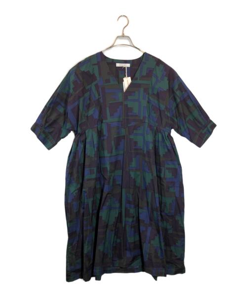 homspun（ホームスパン）homspun (ホームスパン) パッチワークプリント七分袖ワンピース グリーン サイズ:SIZE 3の古着・服飾アイテム