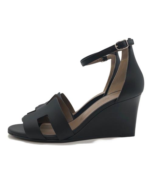 HERMES（エルメス）HERMES (エルメス) レジェンド Hロゴ レザー ウェッジ サンダル ブラック サイズ:SIZE 37 1/2の古着・服飾アイテム