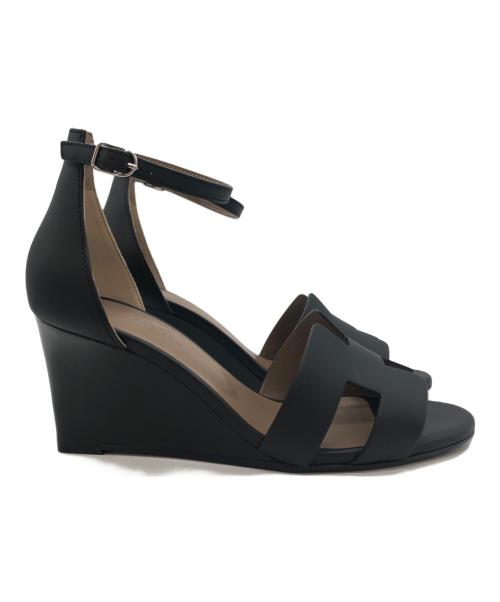 HERMES（エルメス）HERMES (エルメス) レジェンド Hロゴ レザー ウェッジ サンダル ブラック サイズ:SIZE 37 1/2の古着・服飾アイテム