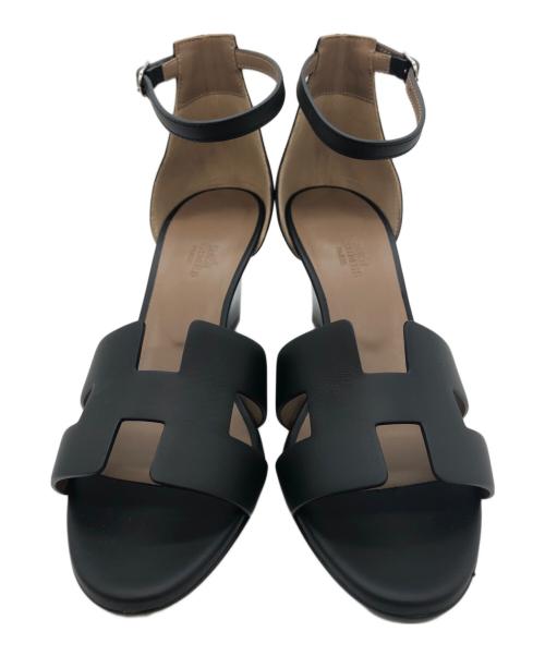 HERMES（エルメス）HERMES (エルメス) レジェンド Hロゴ レザー ウェッジ サンダル ブラック サイズ:SIZE 37 1/2の古着・服飾アイテム