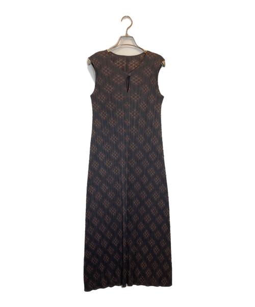 PLEATS PLEASE（プリーツプリーズ）PLEATS PLEASE (プリーツプリーズ) バイアスチェックプリーツノースリーブワンピース ブラウン サイズ:SIZE 2の古着・服飾アイテム
