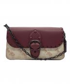 COACHコーチ）の古着「ビート クロスボディ クラッチ ウィズ ホース アンド キャリッジ プリント ハンドバッグ」｜ボルドー×ホワイト
