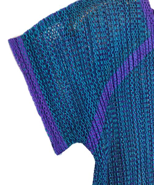 PLEATS PLEASE（プリーツプリーズ）PLEATS PLEASE (プリーツプリーズ) メッシュショートスリーブトップス ブルー×パープル サイズ:3の古着・服飾アイテム