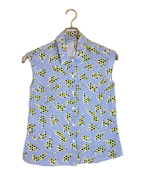 PRADA（プラダ）PRADA (プラダ) 総柄シルクノースリーブブラウス ブルー サイズ:36の古着・服飾アイテム