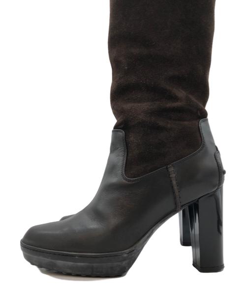TOD'S（トッズ）TOD'S (トッズ) レザースエードヒールロングブーツ ブラック×ブラウン サイズ:36の古着・服飾アイテム