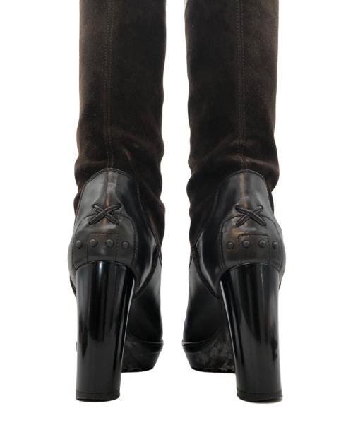 TOD'S（トッズ）TOD'S (トッズ) レザースエードヒールロングブーツ ブラック×ブラウン サイズ:36の古着・服飾アイテム