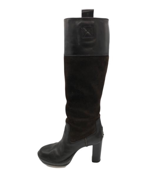 TOD'S（トッズ）TOD'S (トッズ) レザースエードヒールロングブーツ ブラック×ブラウン サイズ:36の古着・服飾アイテム