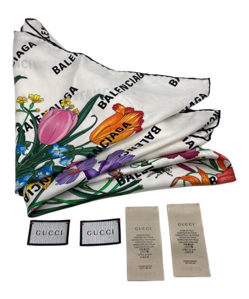 GUCCI（グッチ）GUCCI (グッチ) BALENCIAGA (バレンシアガ) ザ ハッカー プロジェクト フローラ プリント シルク スカーフ ホワイトの古着・服飾アイテム