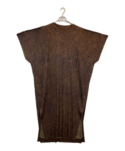 PLEATS PLEASE（プリーツプリーズ）PLEATS PLEASE (プリーツプリーズ) 落葉総柄 変形 ポンチョワンピース ブラウン サイズ:5の古着・服飾アイテム