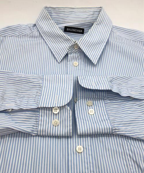 BALENCIAGA（バレンシアガ）BALENCIAGA (バレンシアガ) ダブルスリーブ ロゴ刺繍 ストライプシャツ ブルー サイズ:39の古着・服飾アイテム