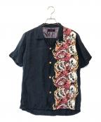 Hysteric Glamourヒステリックグラマー）の古着「FIRE SKULL ALOHA SHAIRT」｜ブラック