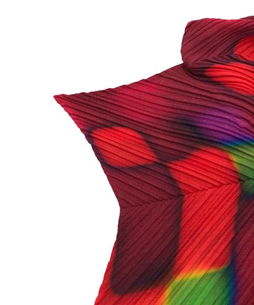 ISSEY MIYAKE（イッセイミヤケ）ISSEY MIYAKE (イッセイミヤケ) 変形 斜めプリーツ ロールネック グラフィック トップス レッド サイズ:２の古着・服飾アイテム