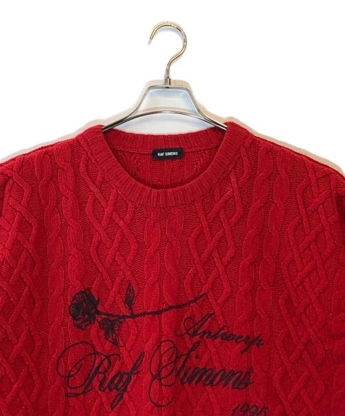 RAF SIMONS（ラフシモンズ）RAF SIMONS (ラフシモンズ) 19AW PRINTED ARAN KNIT SWEATER レッド サイズ:Mの古着・服飾アイテム