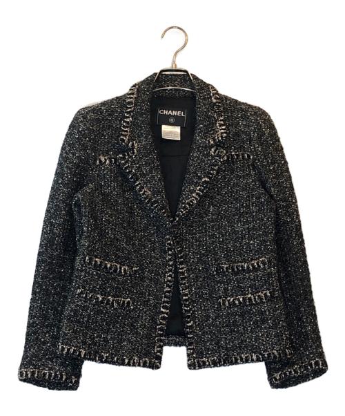 CHANEL（シャネル）CHANEL (シャネル) リボン・ココマークボタン付き  ツイードジャケット ブラック×ブラウン サイズ:38の古着・服飾アイテム