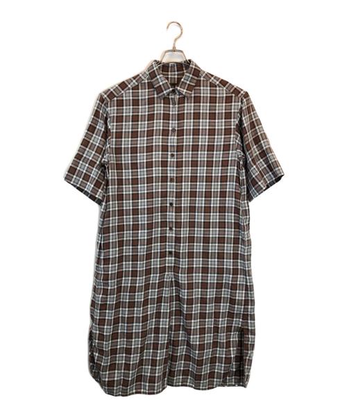DRAWER（ドゥロワー）Drawer (ドゥロワー) メランジチェックショートスリーブワンピース ブラウン サイズ:36の古着・服飾アイテム