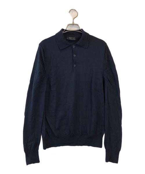 PRADA（プラダ）PRADA (プラダ) ニットポロシャツ ネイビー サイズ:46の古着・服飾アイテム