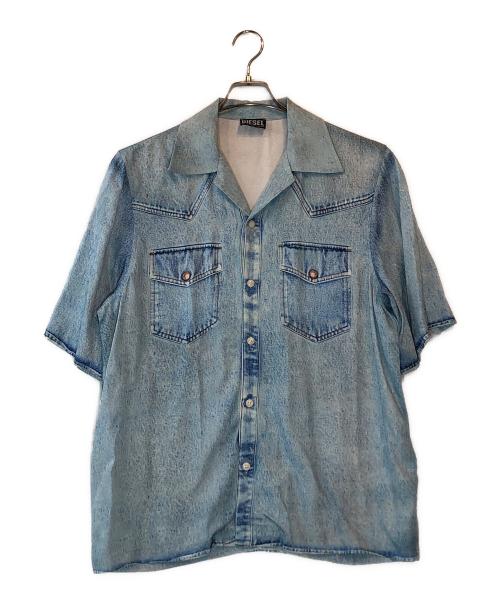 DIESEL（ディーゼル）DIESEL (ディーゼル) デニム転写プリントオープンカラーシャツ ブルー サイズ:48の古着・服飾アイテム